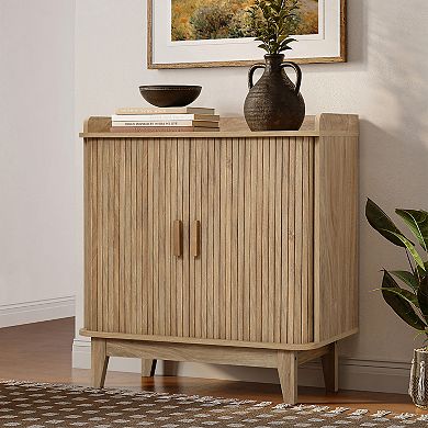 LuxenHome Mid-Century Modern Tambour-Style 2-Door 31.5-Inch Wide Cabinet with Tray Top, Oak