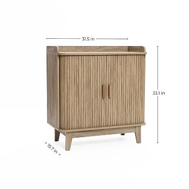 LuxenHome Mid-Century Modern Tambour-Style 2-Door 31.5-Inch Wide Cabinet with Tray Top, Oak