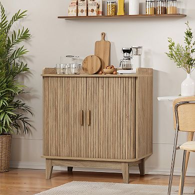 LuxenHome Mid-Century Modern Tambour-Style 2-Door 31.5-Inch Wide Cabinet with Tray Top, Oak