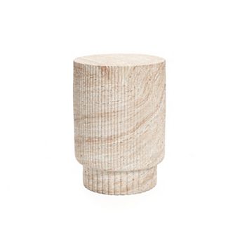 LuxenHome Travertine-Style Round Ribbed MgO Side Table