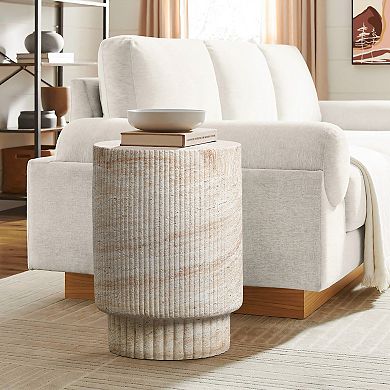 LuxenHome Travertine-Style Round Ribbed MgO Side Table
