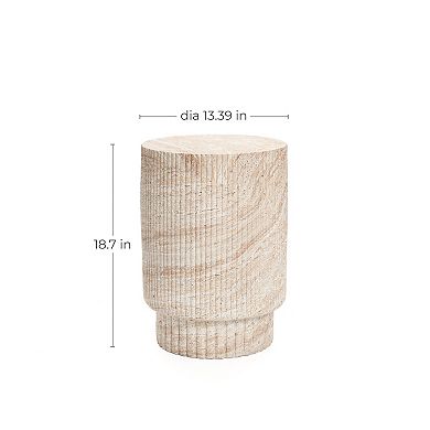 LuxenHome Travertine-Style Round Ribbed MgO Side Table
