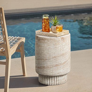 LuxenHome Travertine-Style Round Ribbed MgO Side Table