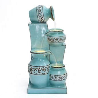LuxenHome Light Blue 4 tier Ornate Jugs 2.5-Feet Tall Outdoor Polyresin Fountain with Lights