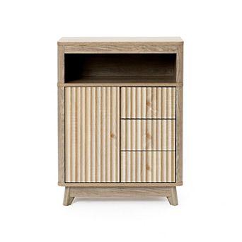 LuxenHome Natural Finish Wave-Patterned Manufactured Wood 3-Drawer 1-Door Bathroom Cabinet