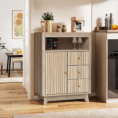 LuxenHome Natural Finish Wave-Patterned Manufactured Wood 3-Drawer 1-Door Bathroom Cabinet