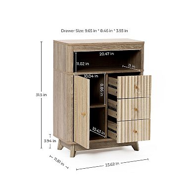 LuxenHome Natural Finish Wave-Patterned Manufactured Wood 3-Drawer 1-Door Bathroom Cabinet