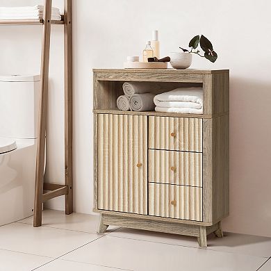 LuxenHome Natural Finish Wave-Patterned Manufactured Wood 3-Drawer 1-Door Bathroom Cabinet