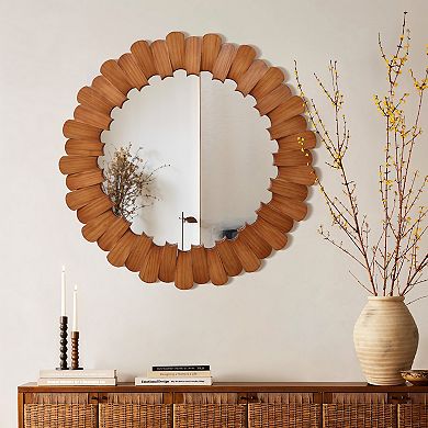 LuxenHome Pine Wood Frame 35-Inch Round Wall Mirror