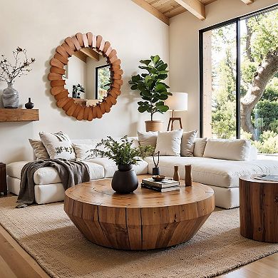 LuxenHome Pine Wood Frame 35-Inch Round Wall Mirror