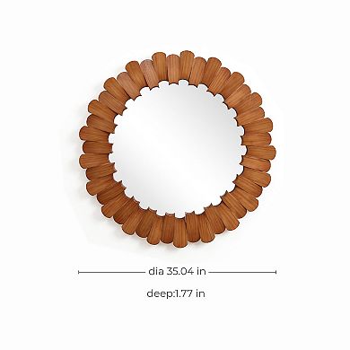 LuxenHome Pine Wood Frame 35-Inch Round Wall Mirror