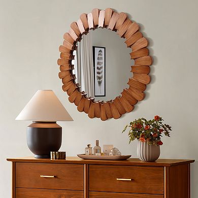 LuxenHome Pine Wood Frame 35-Inch Round Wall Mirror