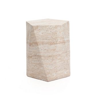 LuxenHome Outdoor Accent Side Table, 18'' Travertine-Style Irregular Textured Cement Patio End Table