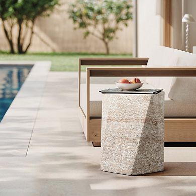 LuxenHome Outdoor Accent Side Table, 18'' Travertine-Style Irregular Textured Cement Patio End Table