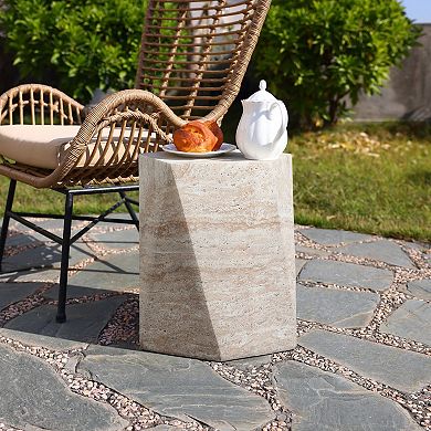 LuxenHome Outdoor Accent Side Table, 18'' Travertine-Style Irregular Textured Cement Patio End Table