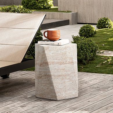 LuxenHome Outdoor Accent Side Table, 18'' Travertine-Style Irregular Textured Cement Patio End Table