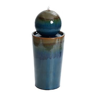 LuxenHome Glazed Blue and Brown Sphere on Round Pillar 30-Inch Tall Ceramic Fountain