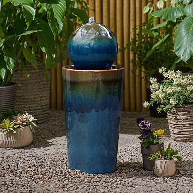 LuxenHome Glazed Blue and Brown Sphere on Round Pillar 30-Inch Tall Ceramic Fountain