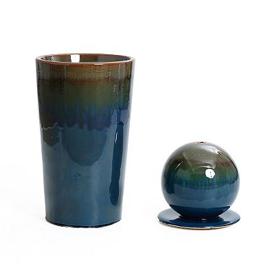 LuxenHome Glazed Blue and Brown Sphere on Round Pillar 30-Inch Tall Ceramic Fountain