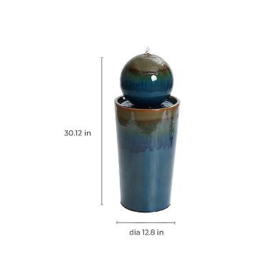 LuxenHome Glazed Blue and Brown Sphere on Round Pillar 30-Inch Tall Ceramic Fountain
