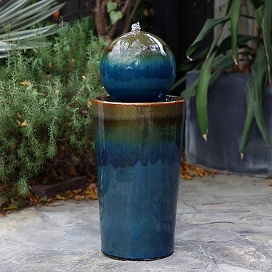 LuxenHome Glazed Blue and Brown Sphere on Round Pillar 30-Inch Tall Ceramic Fountain