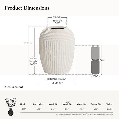 LuxenHome Beige Ribbed Round 15.2-Inch Tall MgO Vase
