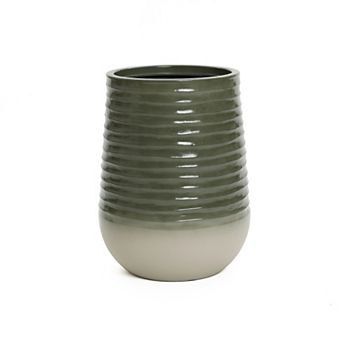 LuxenHome Emerald Ribbed Top with Ivory Bottom Resin Round Planter