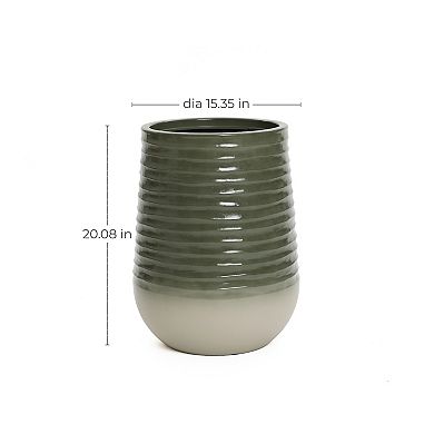 LuxenHome Emerald Ribbed Top with Ivory Bottom Resin Round Planter