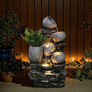 LuxenHome Gray Pots on Stacked Rocks 2.5-Feet Tall Outdoor Resin Fountain with Lights and Planter