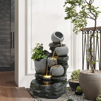LuxenHome Gray Pots on Stacked Rocks 2.5-Feet Tall Outdoor Resin Fountain with Lights and Planter