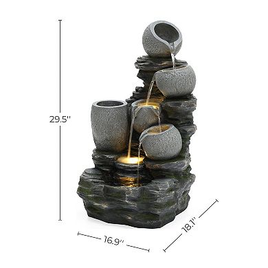 LuxenHome Gray Pots on Stacked Rocks 2.5-Feet Tall Outdoor Resin Fountain with Lights and Planter