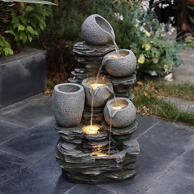 LuxenHome Gray Pots on Stacked Rocks 2.5-Feet Tall Outdoor Resin Fountain with Lights and Planter
