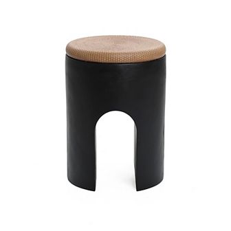LuxenHome Accent Side Table, 18'' Black with Natural Rattan Finish Cement Patio End Table, U-Shaped