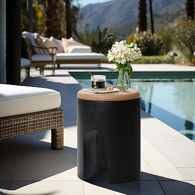 LuxenHome Accent Side Table, 18'' Black with Natural Rattan Finish Cement Patio End Table, U-Shaped