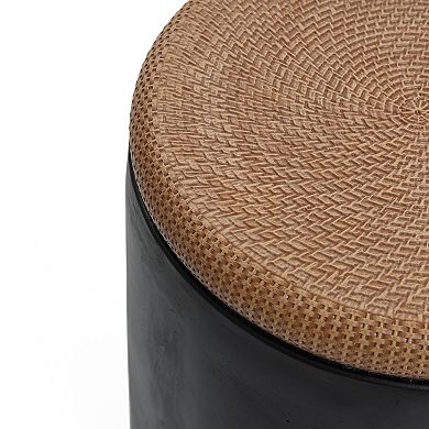 LuxenHome Accent Side Table, 18'' Black with Natural Rattan Finish Cement Patio End Table, U-Shaped