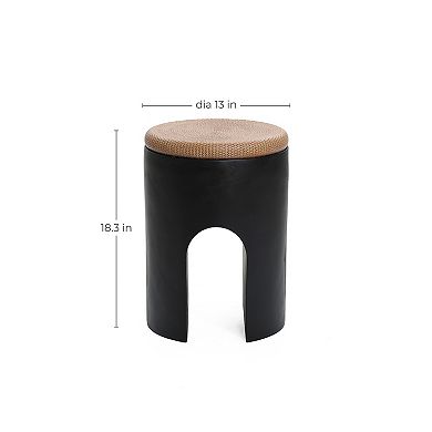 LuxenHome Accent Side Table, 18'' Black with Natural Rattan Finish Cement Patio End Table, U-Shaped