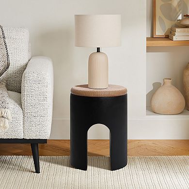 LuxenHome Accent Side Table, 18'' Black with Natural Rattan Finish Cement Patio End Table, U-Shaped