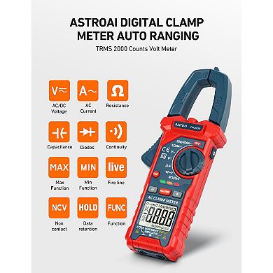 AstroAI Digital Clamp Meter Multimeter 2000 Counts Amp Voltage Tester