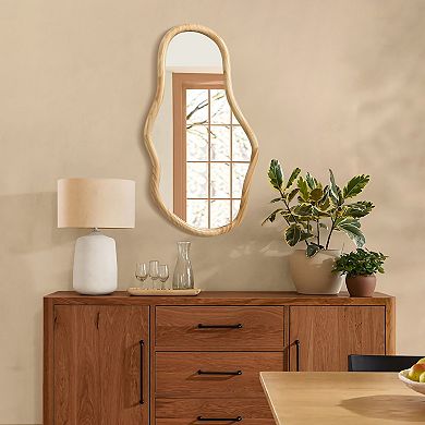 LuxenHome Natural Pine Wood Frame Oblong Irregular Wall Mirror, Accent and Vanity