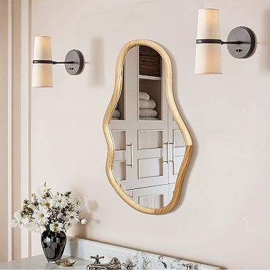 LuxenHome Natural Pine Wood Frame Oblong Irregular Wall Mirror, Accent and Vanity