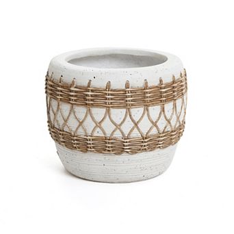 LuxenHome Boho White with Brown Accents 12.2-Inch Round MgO Planter