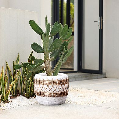 LuxenHome Boho White with Brown Accents 12.2-Inch Round MgO Planter