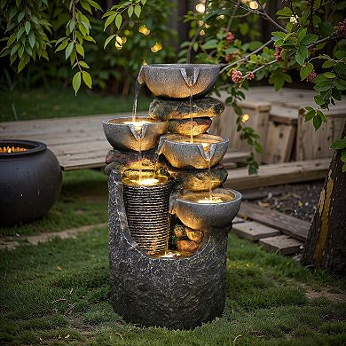 LuxenHome Gray 4-Bowl and 5-Tier 2.1-Feet Tall Outdoor Polyresin Fountain with Lights