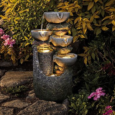 LuxenHome Gray 4-Bowl and 5-Tier 2.1-Feet Tall Outdoor Polyresin Fountain with Lights