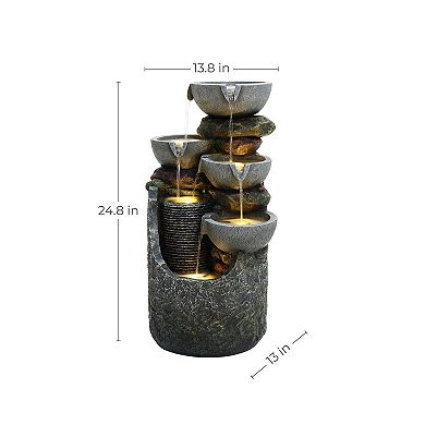 LuxenHome Gray 4-Bowl and 5-Tier 2.1-Feet Tall Outdoor Polyresin Fountain with Lights