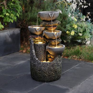 LuxenHome Gray 4-Bowl and 5-Tier 2.1-Feet Tall Outdoor Polyresin Fountain with Lights