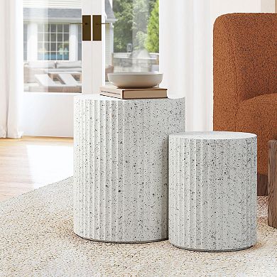 LuxenHome 2-Piece White with Gray Flecks Manufactured Wood Nesting Side Table Set