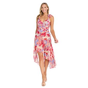 Women's R&M Richards Ruffle Sleeves Hi-Lo Chiffon Dress