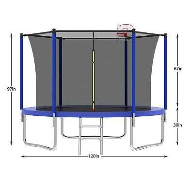 10FT Trampoline for Kids Basketball Hoop and Ladder with Safety Enclosure for Backyard Fun