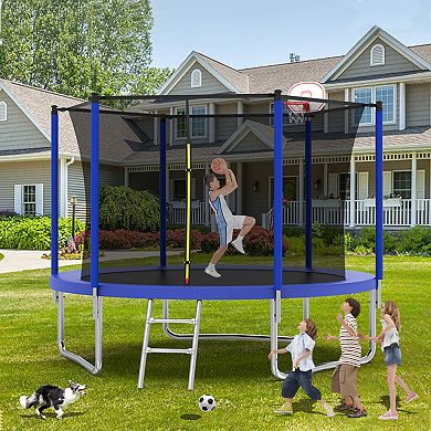 10FT Trampoline for Kids Basketball Hoop and Ladder with Safety Enclosure for Backyard Fun